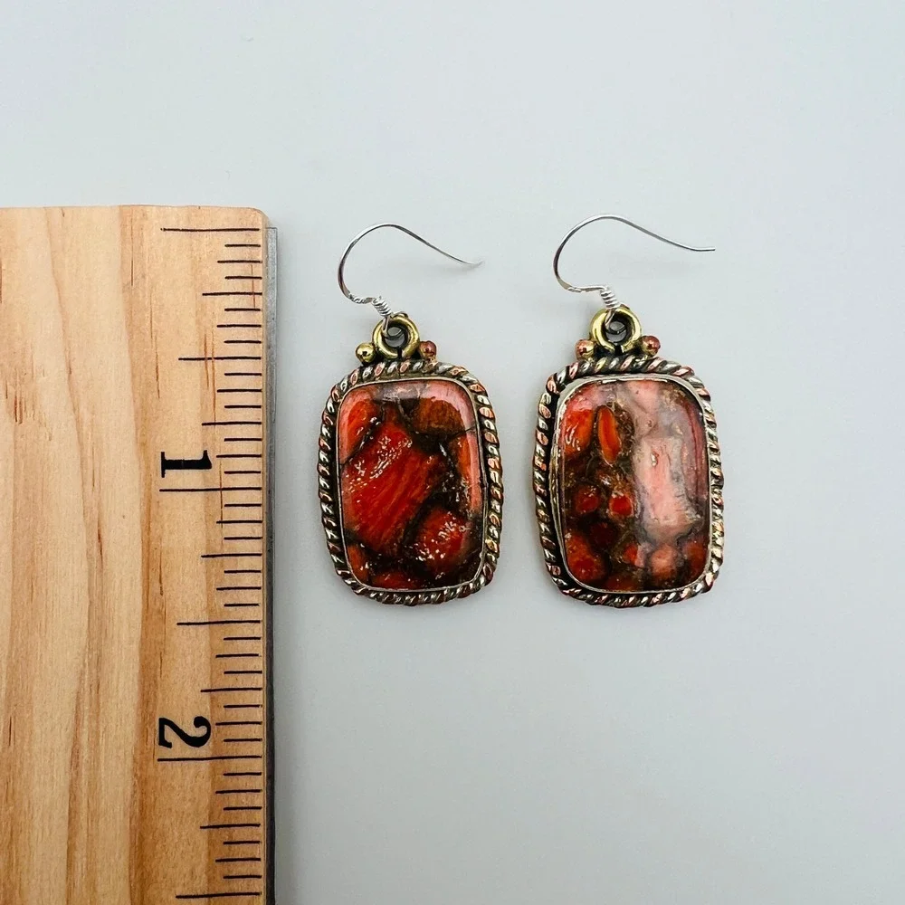 Jasper‎ Stone Dangle Drop Earrings Mixed Metal Artisan Southwestern Boho Style